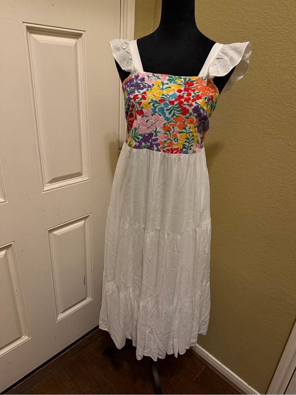 J Marie White Maxi Dress with Colorful Floral Embroidered Bodice